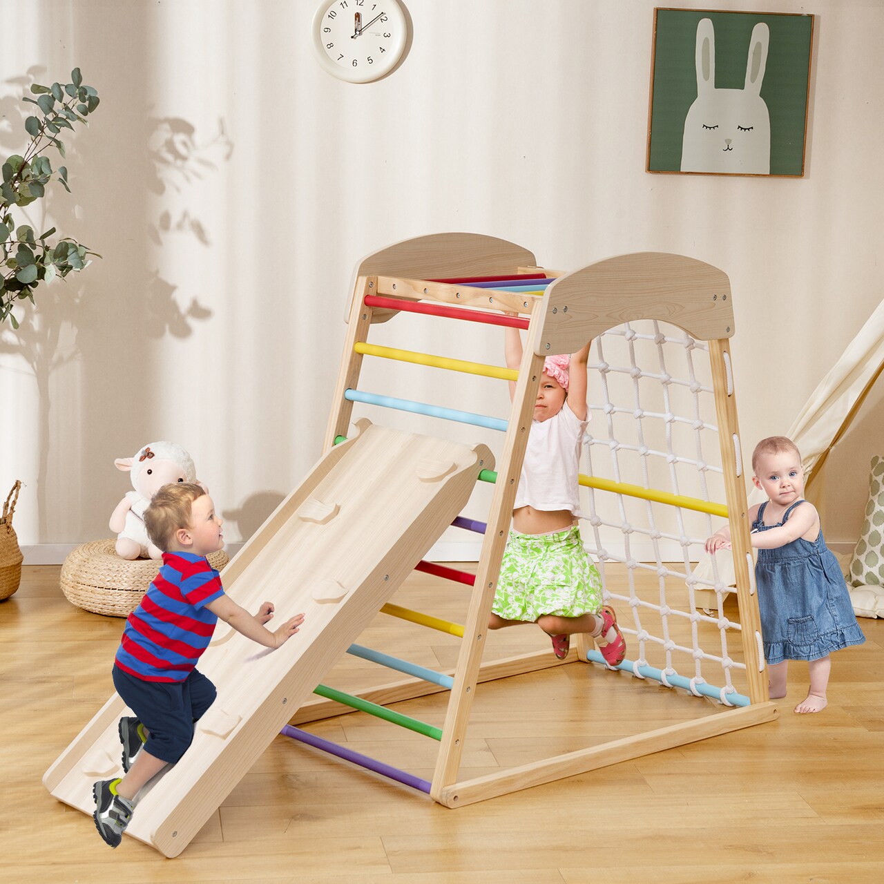 Adjustable 6-in-1 Wooden Jungle Gym with Slide Monkey Bars and Climbing Features